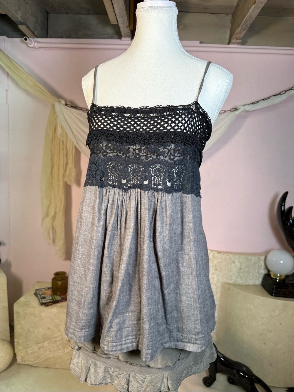 Y2K Grey Black Lace Babydoll Cami Top Small